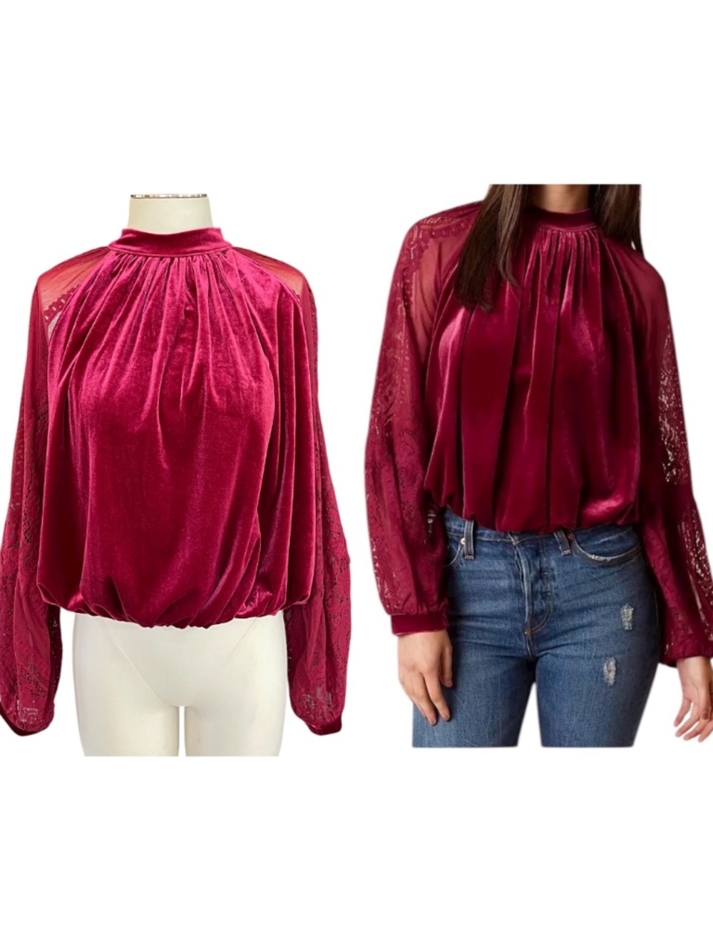 Free People Raspberry Velvet Lace Dream Team Romantic Bohemian Top